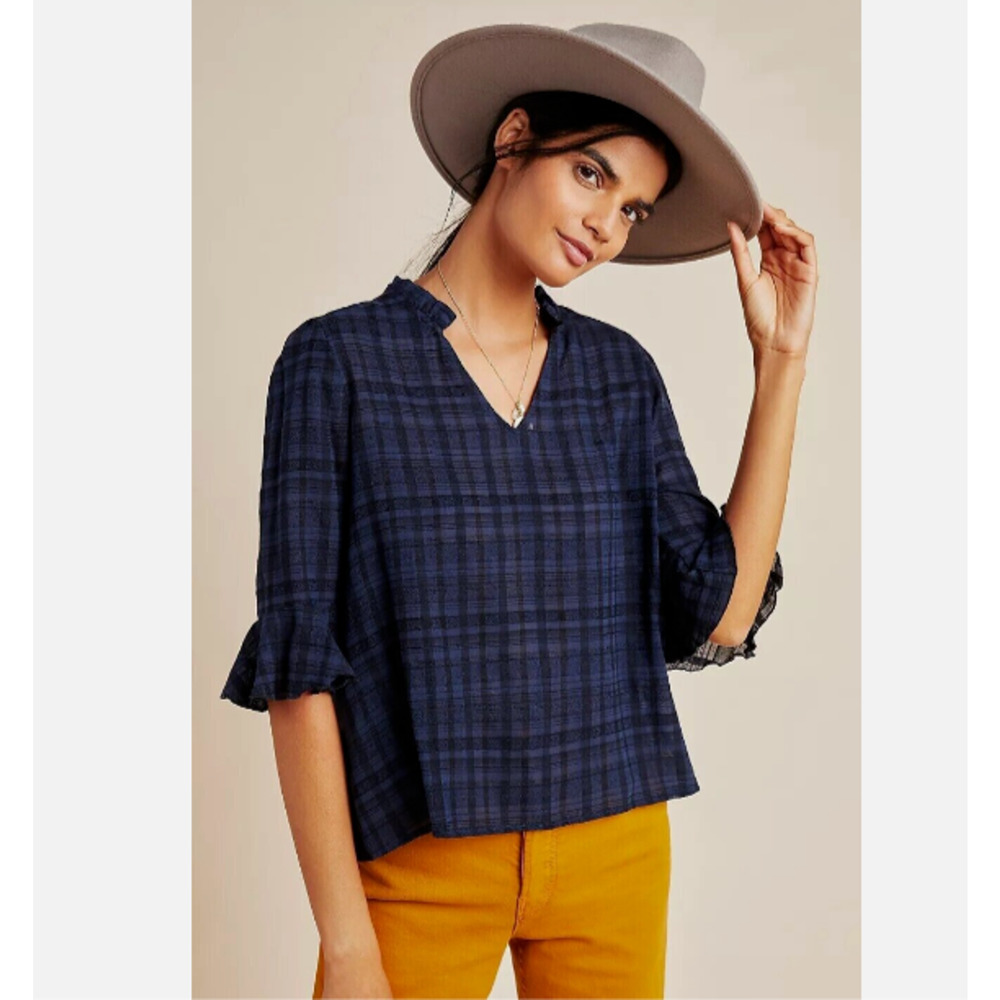 Dolan Left Coast Anthropologie Tandy Ruffle Plaid Top in Navy Size Small